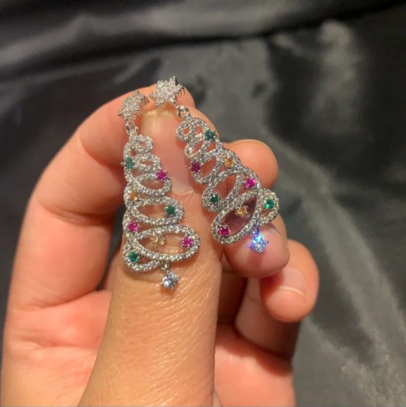 Silver Rhinestone Christmas Tree Star Drop Stud Earrings - Picture 1 of 7